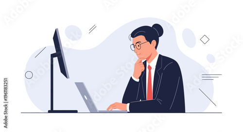 Focused Businessman Working on Laptop and Computer at Desk