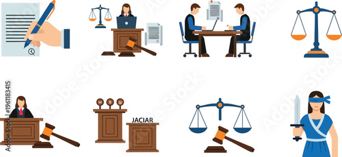 A collage of legal scenes shows a hand signing a contract, a judge presiding, lawyers collaborating, and Lady Justice holding a sword.