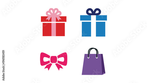 Colorful gift icons including wrapped boxes and shopping bag with bows