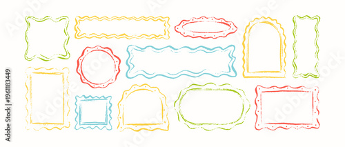 Crayon scribble childish scalloped edge frames set. Hand drawn doodle watercolor wavy, curve, zigzag, undulate kid whimsical borders. Rectangle, circle, oval, square, arch irregular organic shape