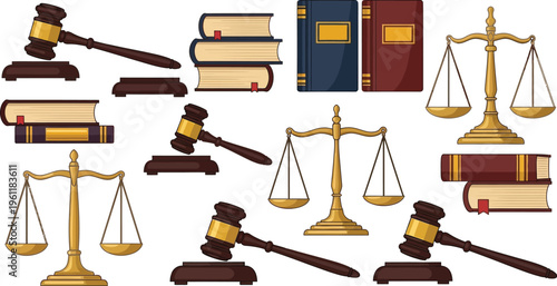 Multiple illustrations depict various symbols of justice including gavels, law books, and scales of justice on a white background.