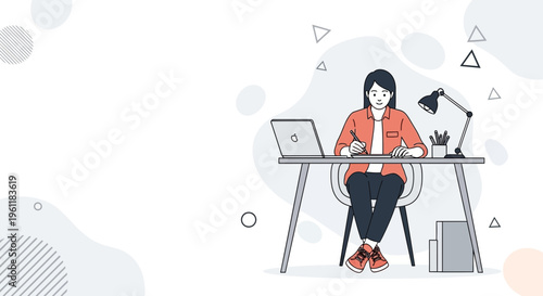 Woman working at desk with laptop and lamp, illustration, modern design