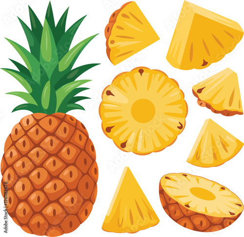 A whole pineapple with several slices and wedges of pineapple  fruit tropical