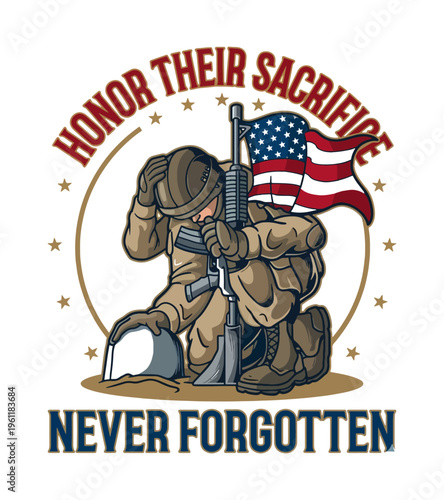 A kneeling soldier in uniform wearing a helmet with an American flag and rifle honoring sacrifice and remembrance isolated on transparent background Best Selling T-shirt Design