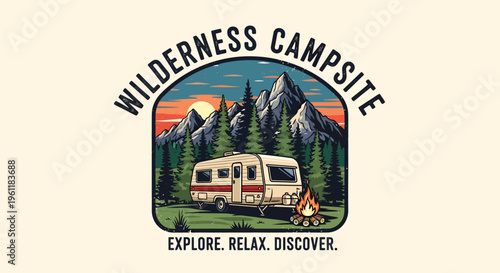 Vintage Wilderness Campsite RV Adventure Illustration.