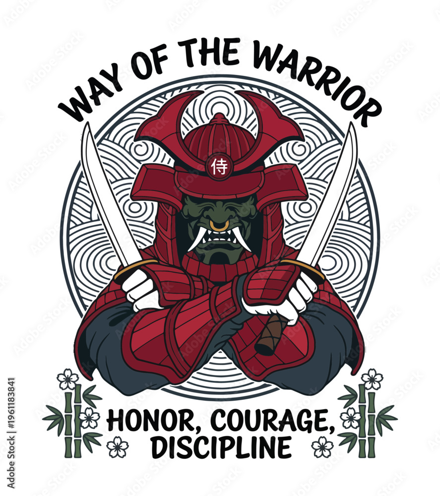 Fototapeta premium Illustrative depiction of a fierce samurai warrior wearing traditional about the warriors code Best Selling T-shirt Design