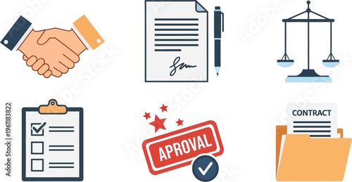 Set of flat icons illustrating key steps in a business deal including agreement, paperwork, and validation processes.