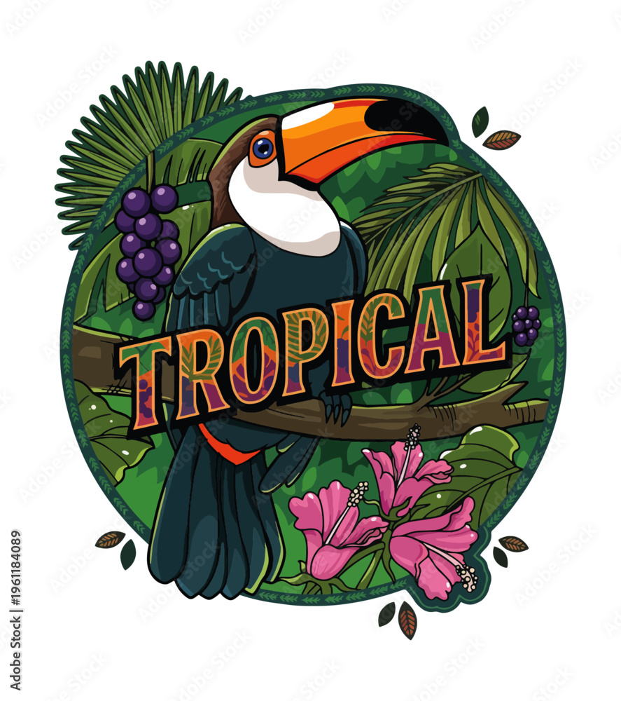 Naklejka premium Vibrant Toucan Bird Perched on a Branch Surrounded by Lush Tropical Foliage and Exotic Flowers Isolated on Transparent Background Best Selling T-shirt Design