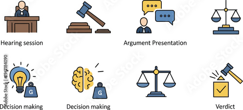 Courtroom decision making icons show a judge presiding, a gavel striking a block, and abstract scales balancing ideas for legal verdict.