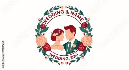 Wedding couple in floral wreath with text.