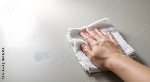 Hand wiping down a surface with a white cloth