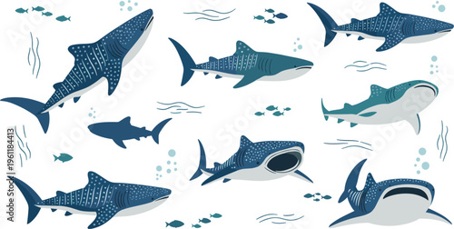 Cartoon Whale Shark Set with Various Poses and Ocean Background for Marine Life, Underwater, and Oceanic Designs