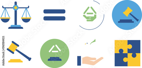 Collection of legal and business icons depicts concepts of equality, arbitration, settlement, and teamwork through abstract symbols and hands.