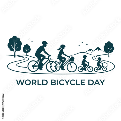 World Bicycle Day Family Cycling Silhouette Illustration