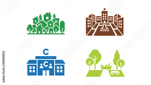 Illustrations depicting various aspects of urban sustainability and community development