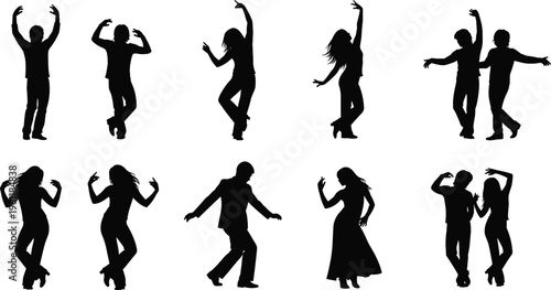 Dancing people silhouettes collection in dynamic party poses isolated on white background, expressive movement, nightlife energy, modern dance illustration for creative design projects