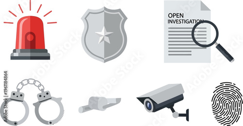 A collection of law enforcement and investigative icons includes a flashing emergency light, police badge, handcuffs, surveillance camera, and a document under scrutiny.