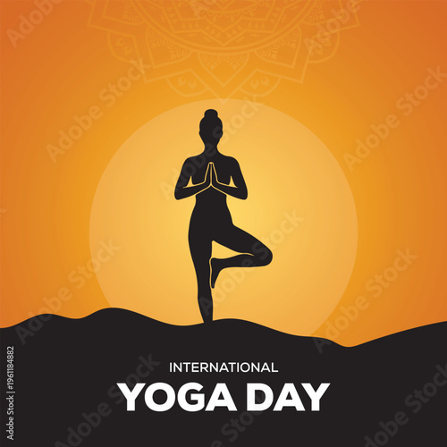Tree pose silhouette with prayer hands for international yoga day event on orange sunset background with mountains