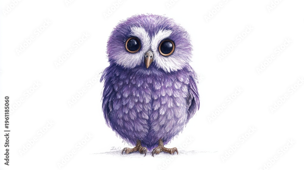 Obraz premium Whimsical Purple Owl Intricate Feather Detail Large Dark Eyes Cute Bird Character Illustration Art Design