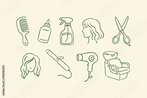 Set of hand-drawn green outline icons of hair salon tools and women's hairstyles on a light beige background. Includes comb, scissors, hairdryer, spray, and wash basin.