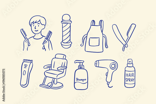 Hand-drawn barber shop icon set. Professional men's grooming tools: hair clipper, razor, barber pole, stylist chair, apron, and hair care products. Linear doodle vector illustration.