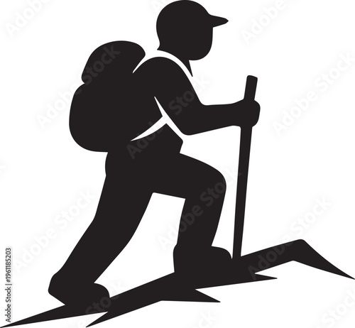 Hiker kneeling down with trekking poles on a rugged trail Vector