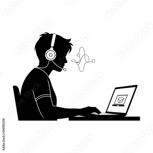 Man wearing headset using laptop computer.