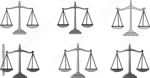 Six variations of grayscale line-art illustrations depicting the traditional balance beam scale used to symbolize equity and measurement.