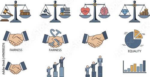 A composite image displaying different concepts of balance and fairness using scales weighed against abstract items like a heart, a brain, money, and a diamond.