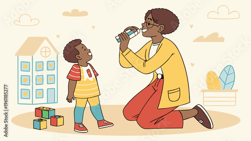 A mother comforting her child in a cozy urban setting with a view of tall buildings