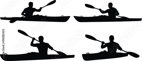 Kayaking athlete silhouette set showing paddling action on water isolated on white background, outdoor adventure sport collection for recreation, fitness, and water activity design use