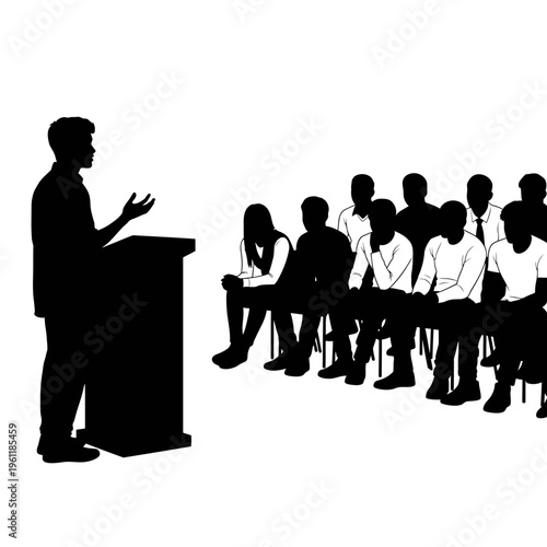 Man giving presentation to seated audience.