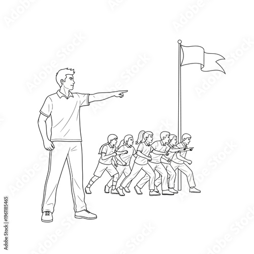 Man Directing People Running Team Flag.