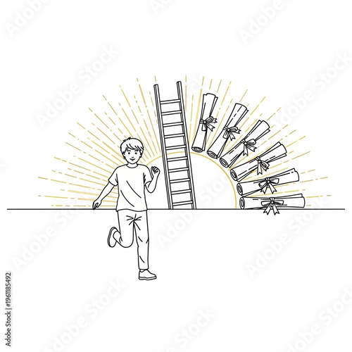 Man holding diploma running with ladder.
