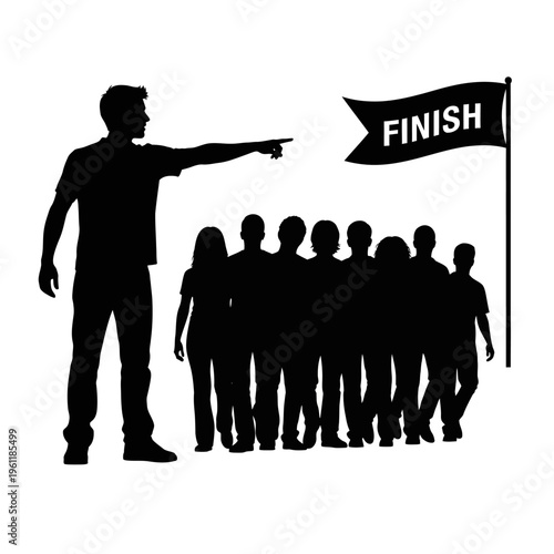 Man pointing to finish line group.