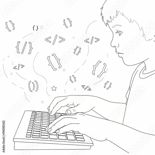 Man typing on computer keyboard.