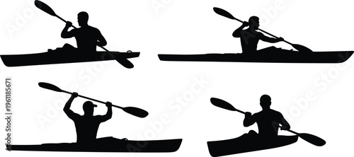 Kayaking silhouette set showing paddling action poses on water isolated on white background, outdoor adventure sport collection for recreation, fitness, and active lifestyle design use