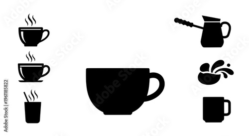 Cup coffee icon set with steam rising and various coffee cup styles featuring collection, hot, beverage with drink and mug elements for tea, caffeine