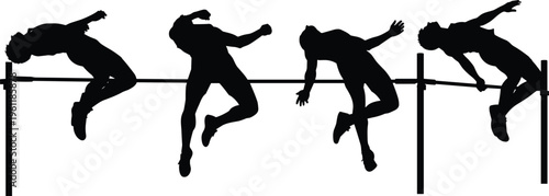 High jump athlete silhouette sequence showing bar clearance technique isolated on white background, track and field sport action collection for training, competition, and fitness design use