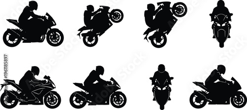 Motorcycle rider silhouette set showing sport bike riding and stunt wheelie poses isolated on white background, high speed racing action collection for transport and design use