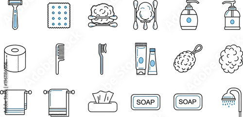 Vector graphic illustration of various bathroom and hygiene products icons