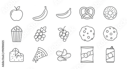 Collection of food icons featuring fruits, snacks, and treats.