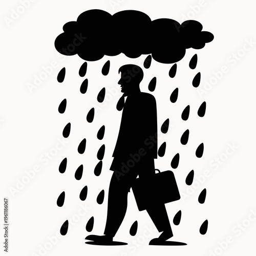 A minimalist vector graphic illustration of a businessman walking in the rain with a briefcase