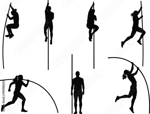 Pole vault athlete silhouettes collection in climbing, running, and jumping poses isolated on white background, track and field sport illustration for training and competition use