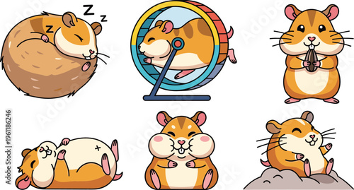 Cute hamster collection with different poses sleeping running eating and playing adorable cartoon pet animals vector illustration set
