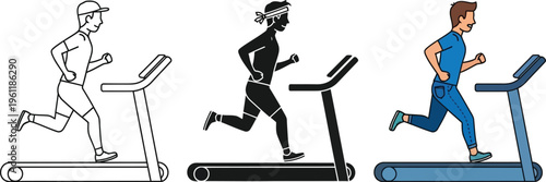 Three people running on treadmills in different illustration styles and colors