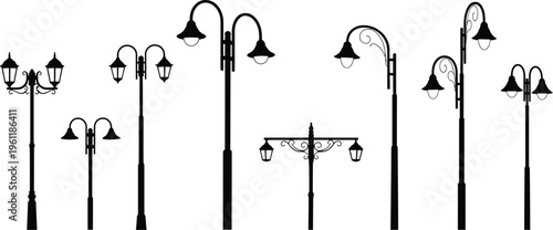 Black silhouettes of various vintage street lamps 