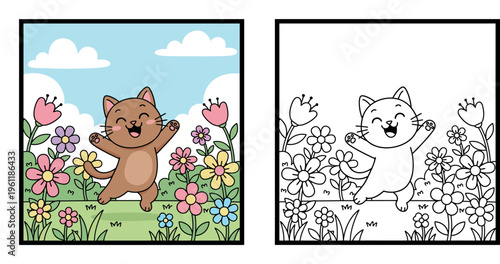 Cute cartoon brown cat dancing happily in a colorful flower garden under a blue sky with clouds