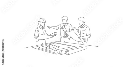 Three architects and engineers collaborating on a building blueprint design, professional planning discussion, isolated white background.