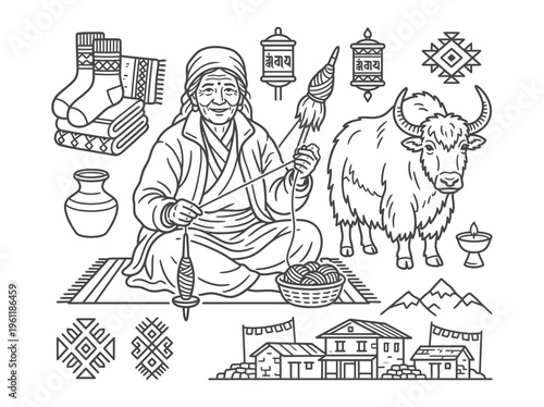 Armenian baker placing lavash into oven line art